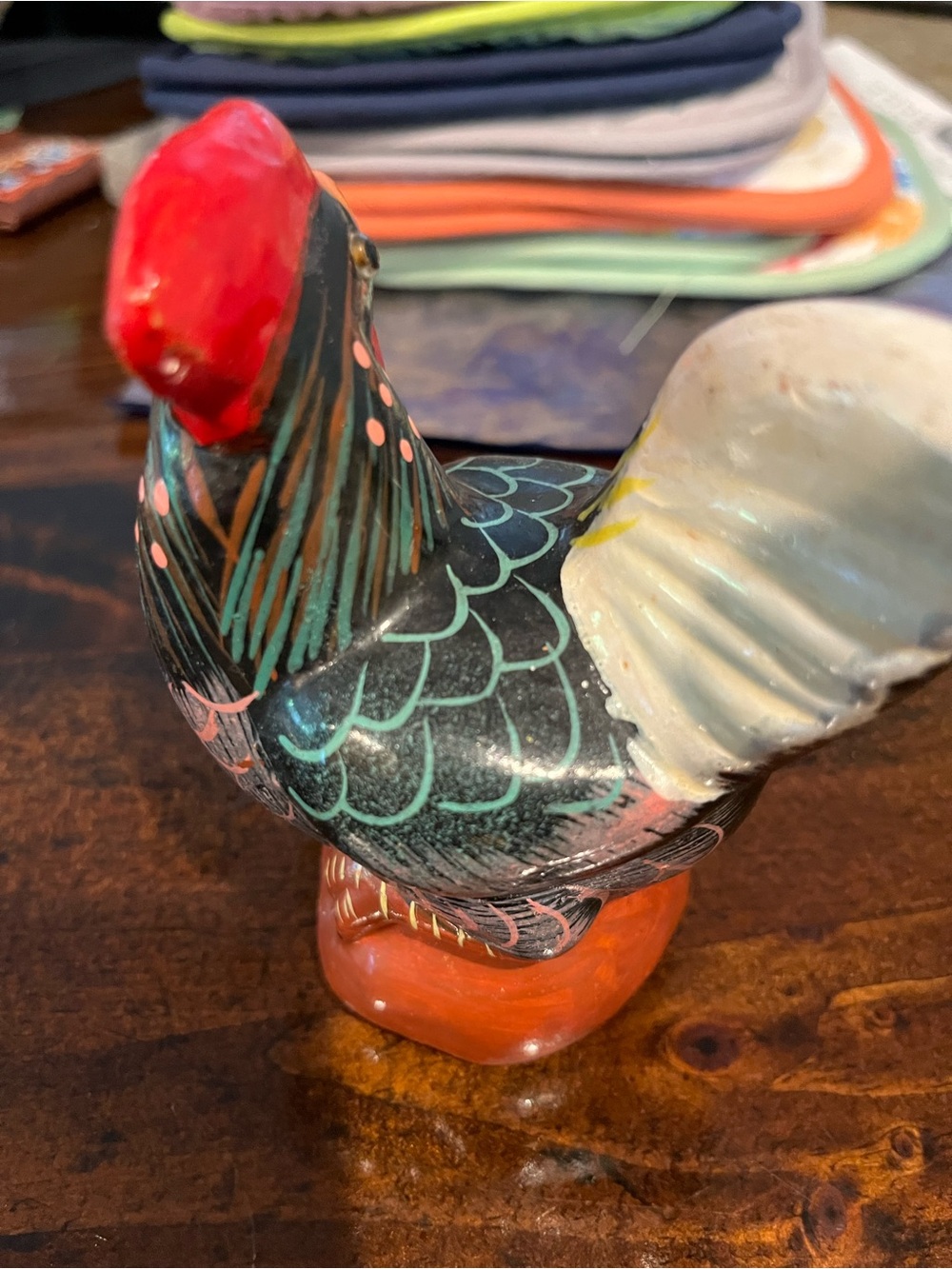 Hand-Painted Ceramic Rooster and Hen  Figurine - Black & Red